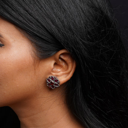 Kusuma- Silver oxidised Stone-Studded stud earrings