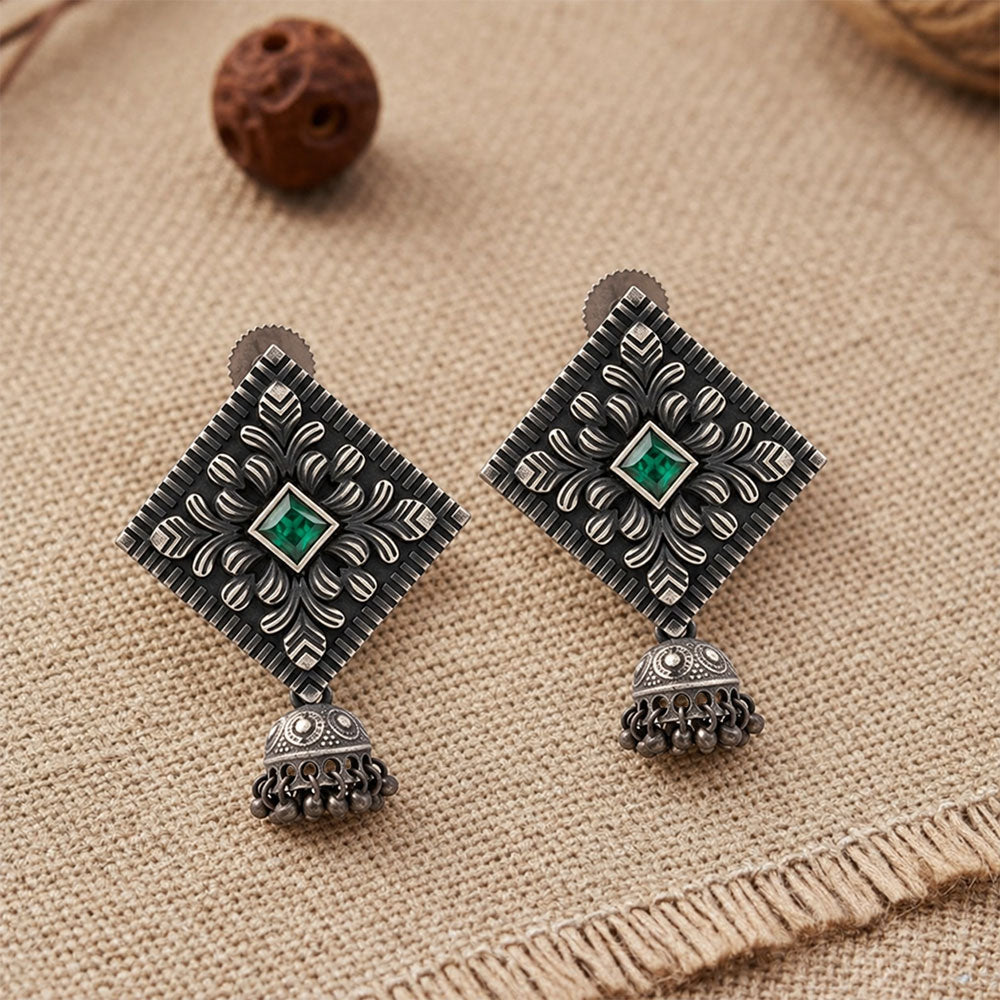 Manika- Silver Brass Pearl jhumka earrings (Green)