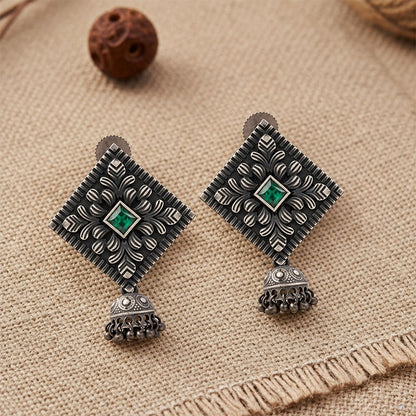 Manika- Silver Brass Pearl jhumka earrings (Green)