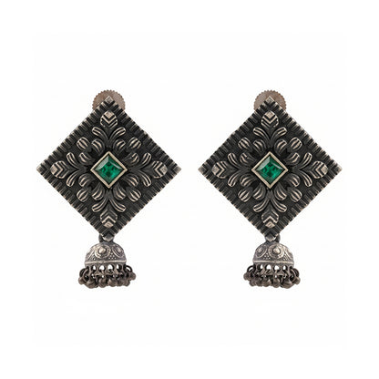 Manika- Silver Brass Pearl jhumka earrings (Green)