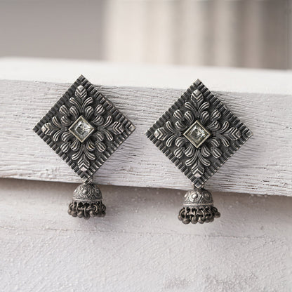 Manika- Silver Brass Pearl jhumka earrings