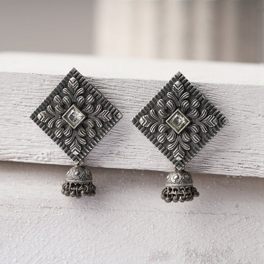 Manika- Silver Brass Pearl jhumka earrings