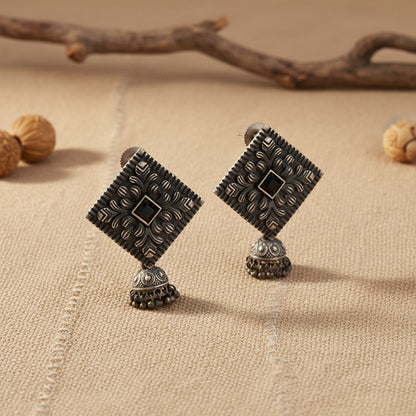 Manika- Silver Brass Pearl jhumka earrings (Black)