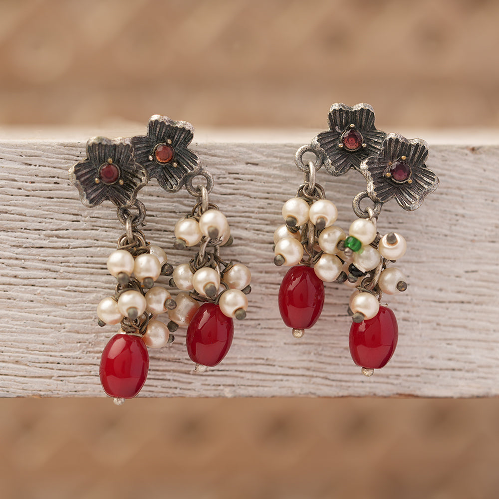 KusumMoti- Silver Brass Pearl stud earrings(Red)