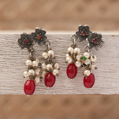 KusumMoti- Silver Brass Pearl stud earrings(Red)