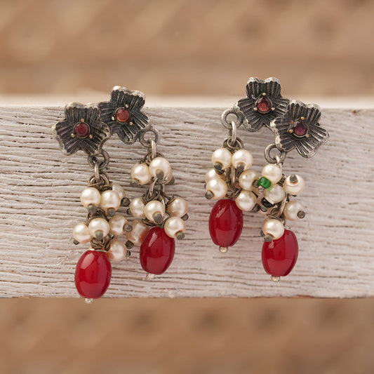 KusumMoti- Silver Brass Pearl stud earrings(Red)