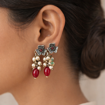 KusumMoti- Silver Brass Pearl stud earrings(Green)