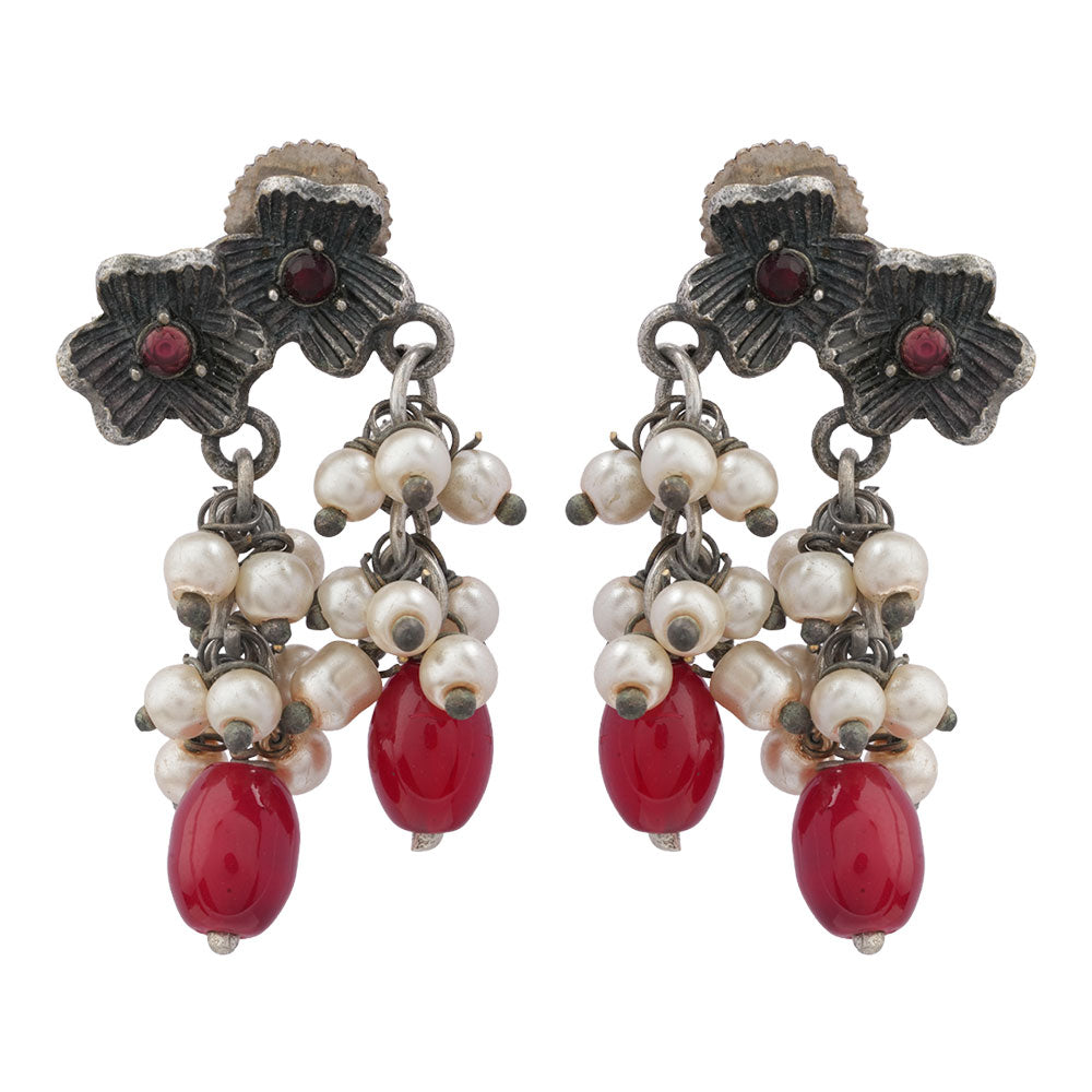 KusumMoti- Silver Brass Pearl stud earrings(Red)