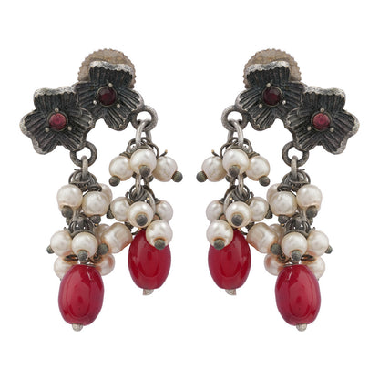 KusumMoti- Silver Brass Pearl stud earrings(Red)