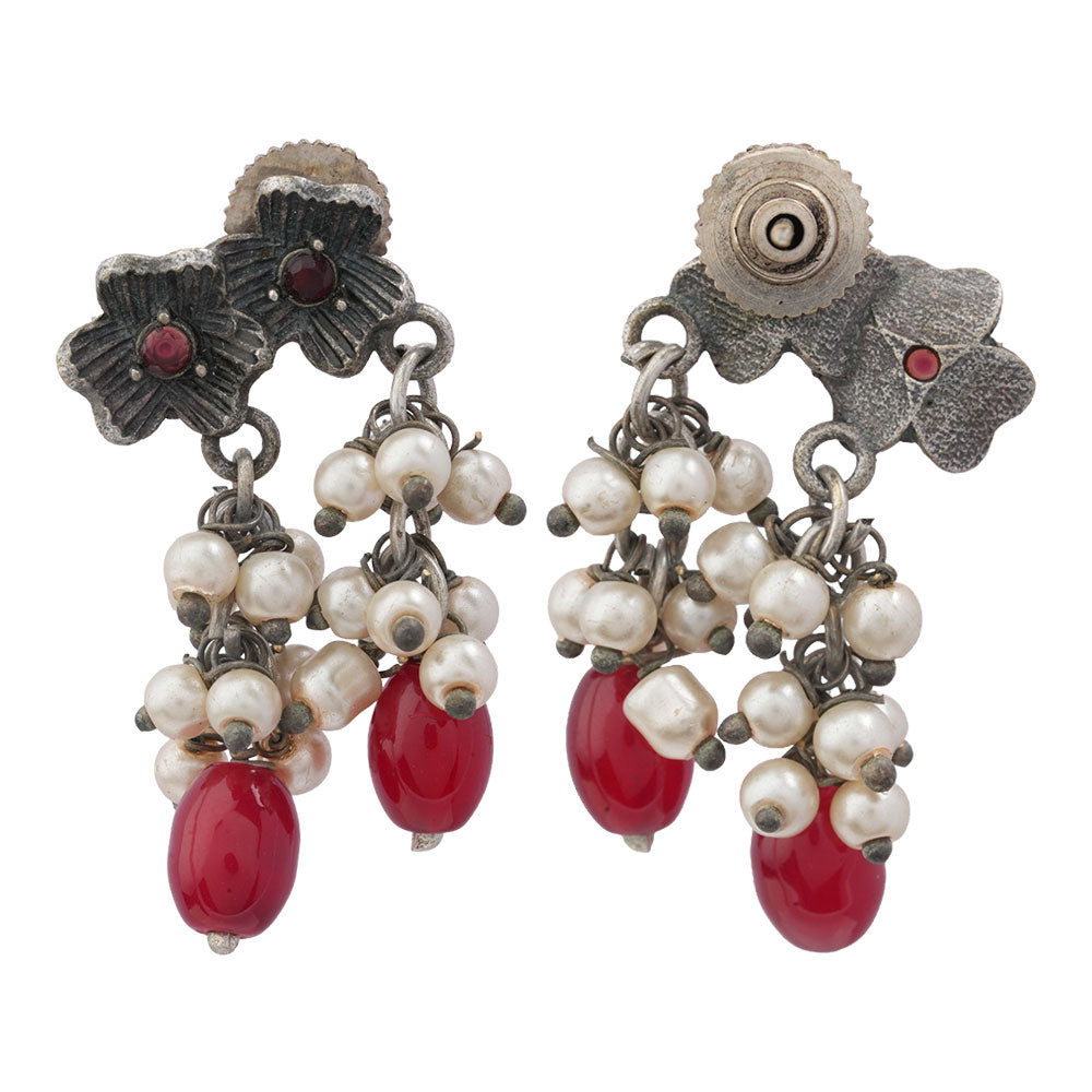 KusumMoti- Silver Brass Pearl stud earrings(Red)