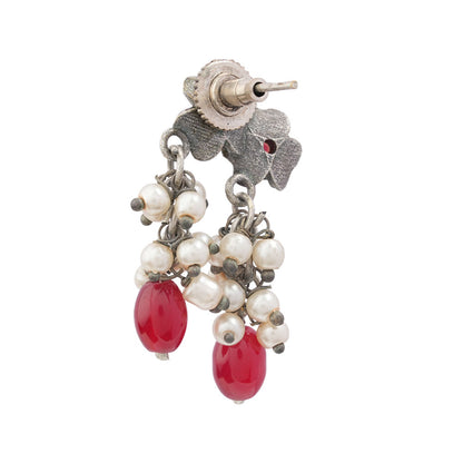 KusumMoti- Silver Brass Pearl stud earrings(Red)