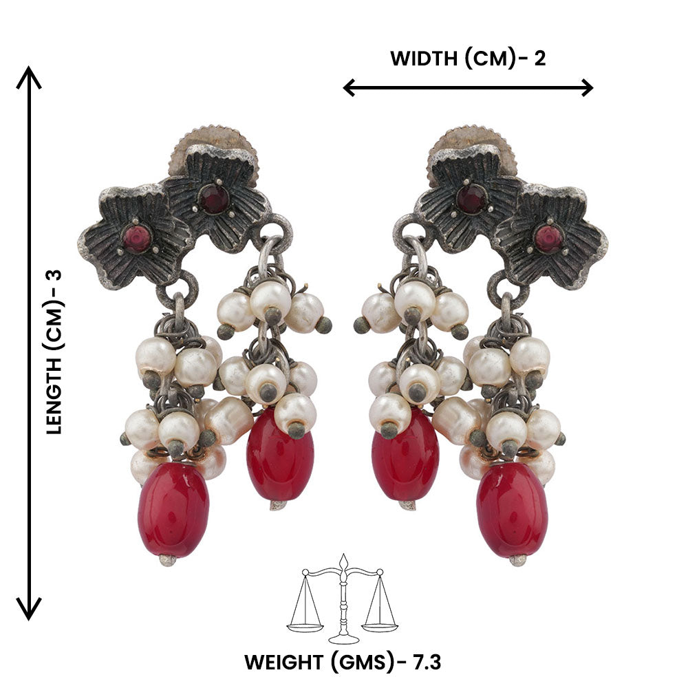 KusumMoti- Silver Brass Pearl stud earrings(Red)