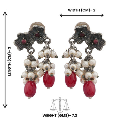 KusumMoti- Silver Brass Pearl stud earrings(Red)