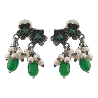 KusumMoti- Silver Brass Pearl stud earrings(Green)