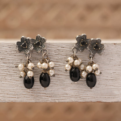 KusumMoti- Silver Brass Pearl Stud Earrings(Black)
