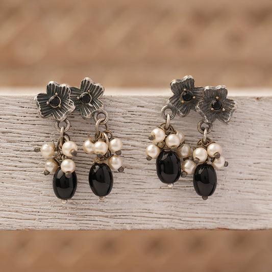 KusumMoti- Silver Brass Pearl Stud Earrings(Black)