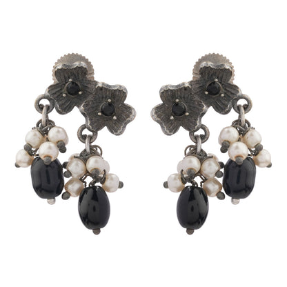 KusumMoti- Silver Brass Pearl Stud Earrings(Black)