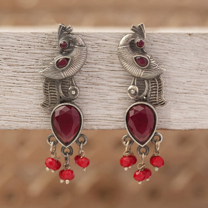 Morisha- Silver Brass Stone-Studded dangler earrings(Red)