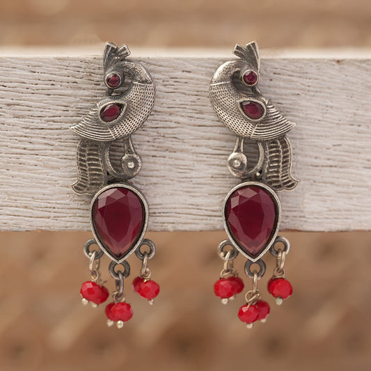 Morisha- Silver Brass stone studded dangler earrings(Red)