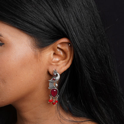 Morisha- Silver Brass Stone-Studded dangler earrings(Red)
