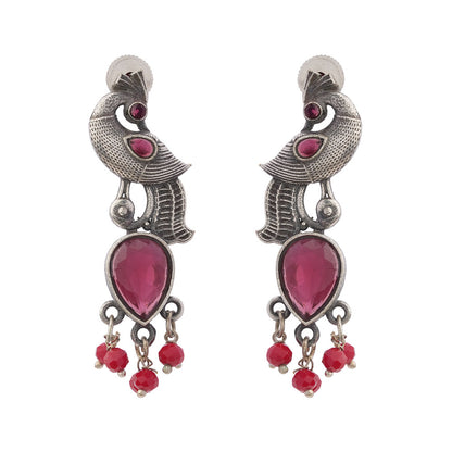 Morisha- Silver Brass Stone-Studded dangler earrings(Red)
