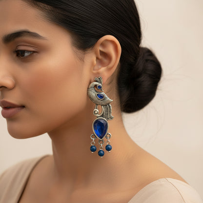 Morisha- Silver Brass Stone-Studded dangler earrings(Blue)