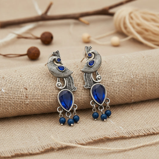 Morisha- Silver Brass Stone-Studded dangler earrings(Blue)