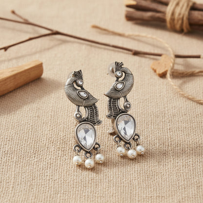 Morisha- Silver Brass Stone-Studded dangler earrings(White)