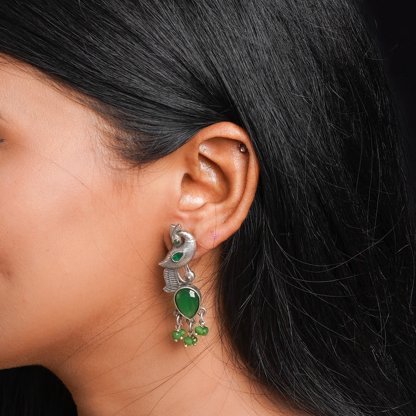 Morisha- Silver Brass Stone-Studded dangler earrings(Green)