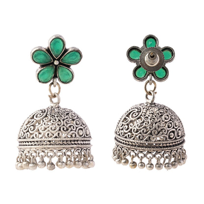Champika- Silver Brass Stone-Studded Jhumka Earrings(Green)