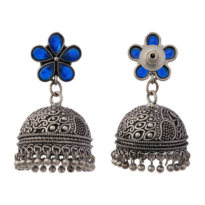 Champika- Silver Brass Stone-Studded Jhumka Earrings(Blue)