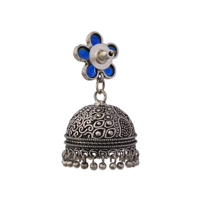 Champika- Silver Brass Stone-Studded Jhumka Earrings(Blue)