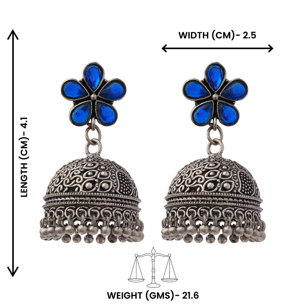 Champika- Silver Brass Stone-Studded Jhumka Earrings(Blue)