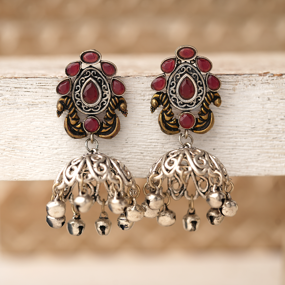 Kusumeyura- Silver Brass Stone-Studded Jhumka Earrings(Red)