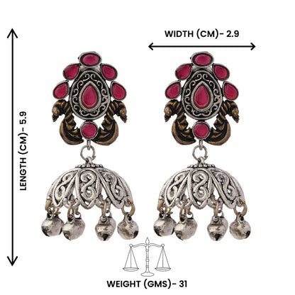 Kusumeyura- Silver Brass Stone-Studded Jhumka Earrings(Red)