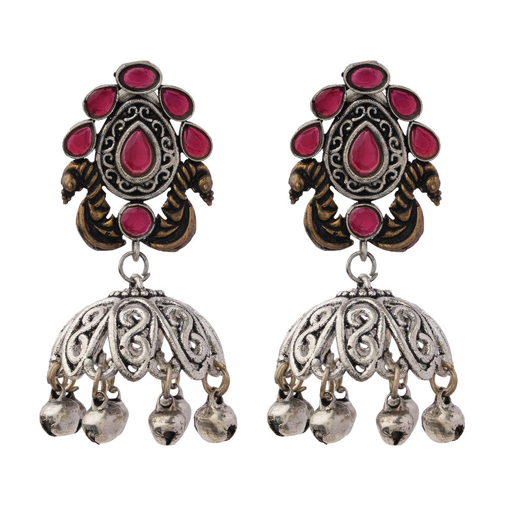 Kusumeyura- Silver Brass Stone-Studded Jhumka Earrings(Red)