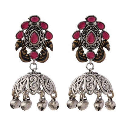 Kusumeyura- Silver Brass Stone-Studded Jhumka Earrings(Red)