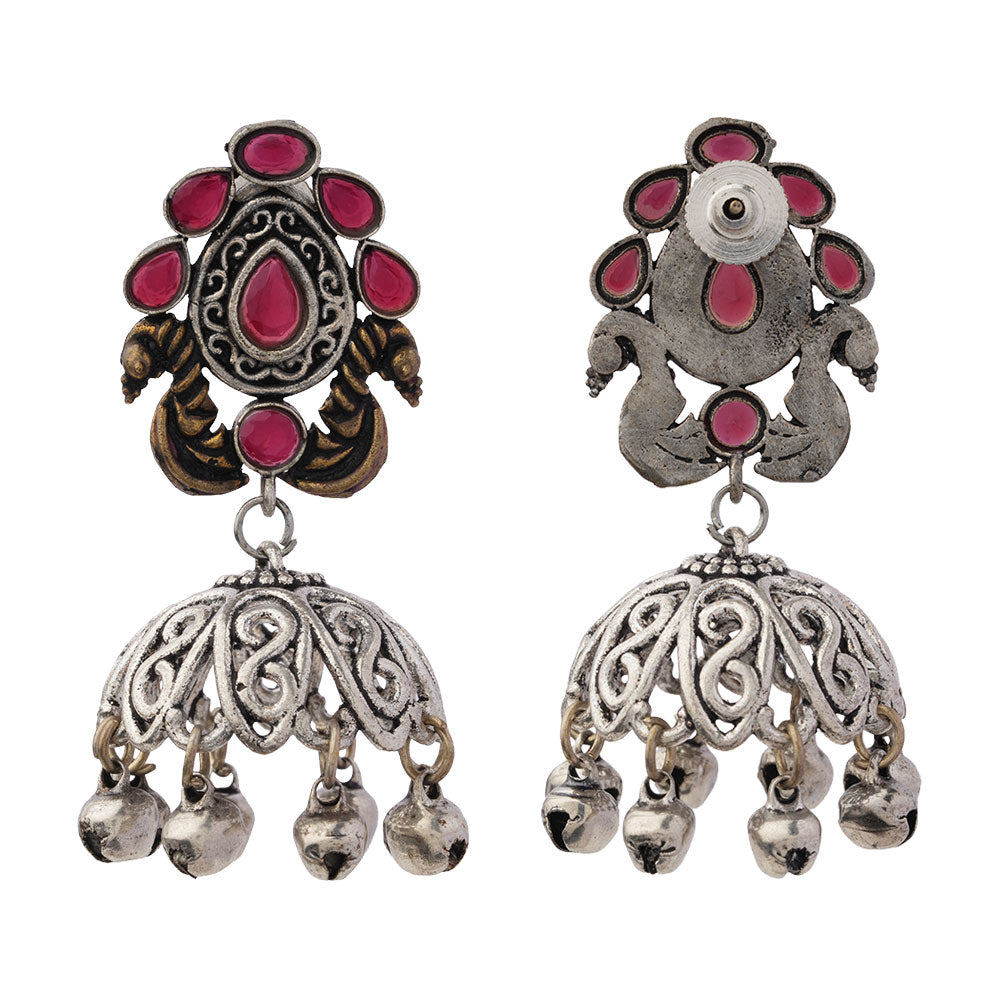 Kusumeyura- Silver Brass Stone-Studded Jhumka Earrings(Red)