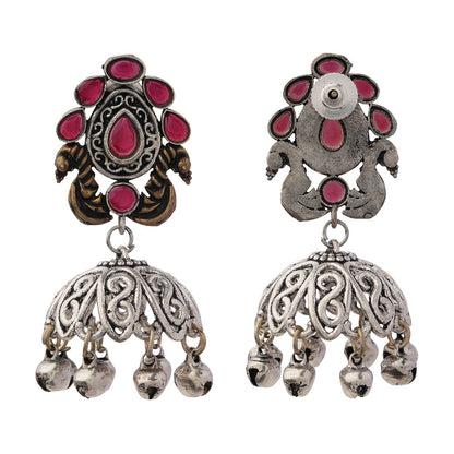 Kusumeyura- Silver Brass Stone-Studded Jhumka Earrings(Red)