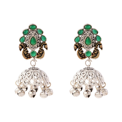 Kusumeyura- Silver Brass Stone-Studded Jhumka Earrings(Green)