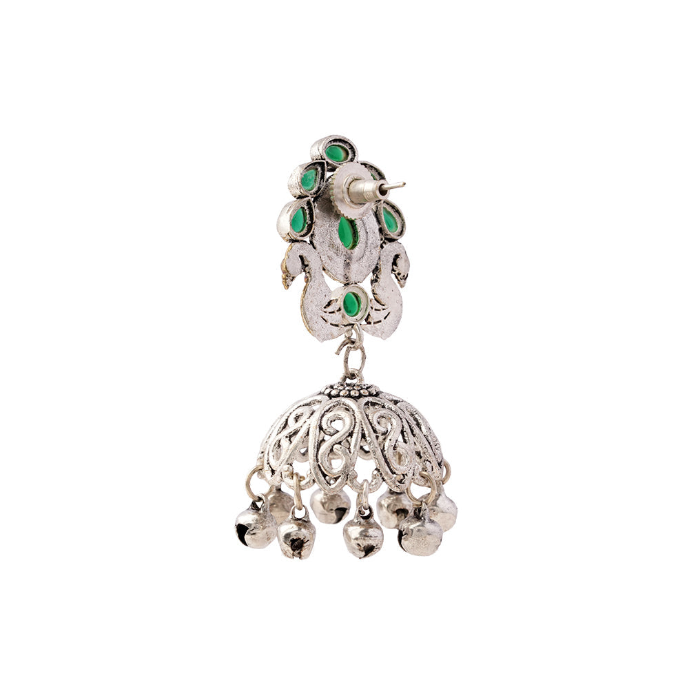 Kusumeyura- Silver Brass Stone-Studded Jhumka Earrings(Green)