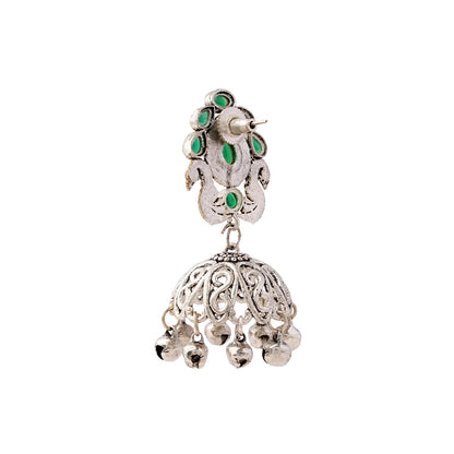 Kusumeyura- Silver Brass Stone-Studded Jhumka Earrings(Green)