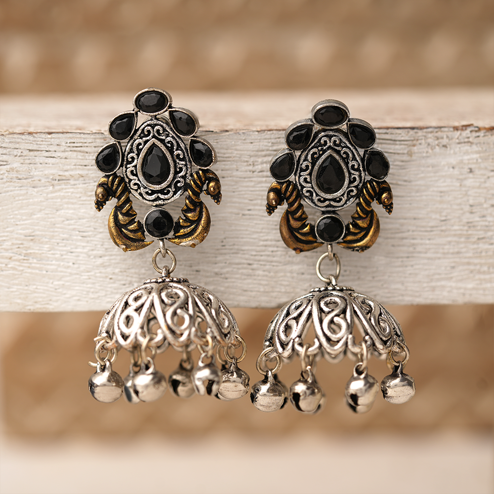 Kusumeyura- Silver Brass Stone-Studded Jhumka Earrings(Black)