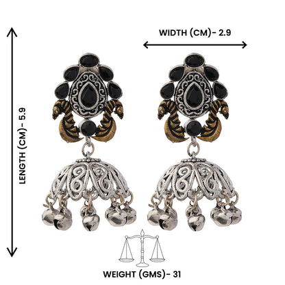 Kusumeyura- Silver Brass Stone-Studded Jhumka Earrings(Black)