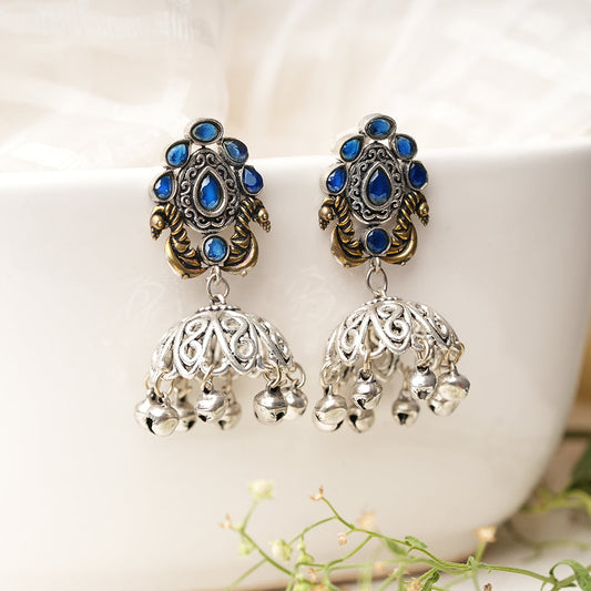 Kusumeyura- Silver Brass Stone Studded Jhumka Earrings(Blue)