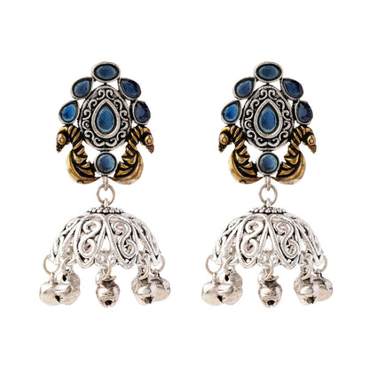 Kusumeyura- Silver Brass Stone Studded Jhumka Earrings(Blue)