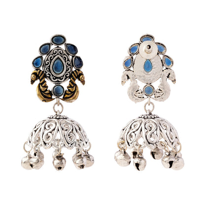Kusumeyura- Silver Brass Stone Studded Jhumka Earrings(Blue)