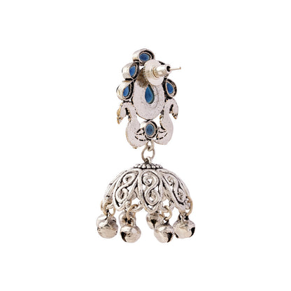 Kusumeyura- Silver Brass Stone Studded Jhumka Earrings(Blue)