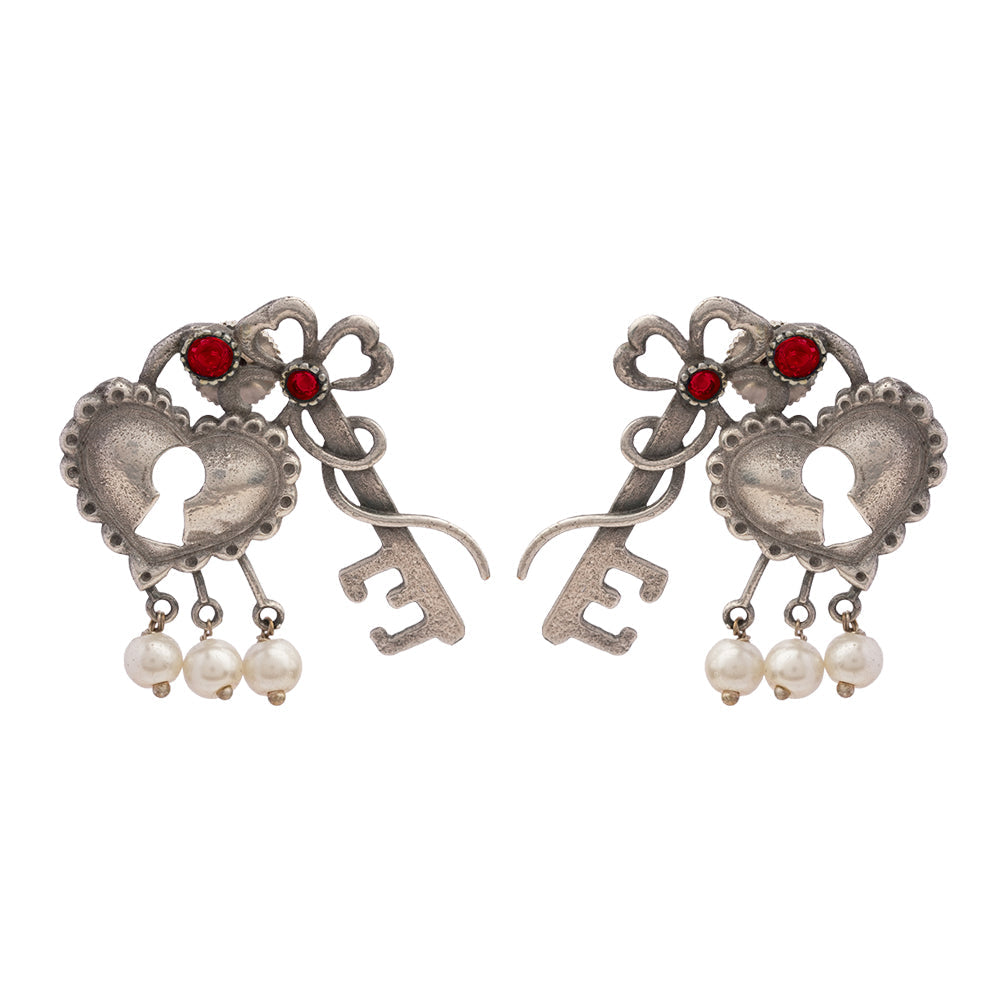 Kunjika- Silver Brass Oxidised dangler earrings(Red)
