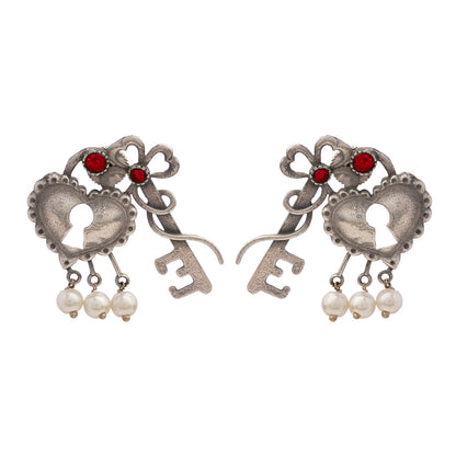 Kunjika- Silver Brass Oxidised dangler earrings(Red)